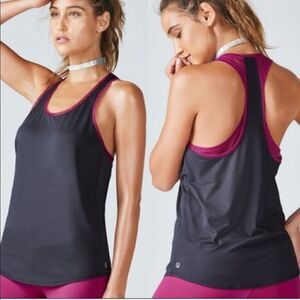 Fabletics Grey & Pink Mesh Layered Racerback Athletic Tank Top